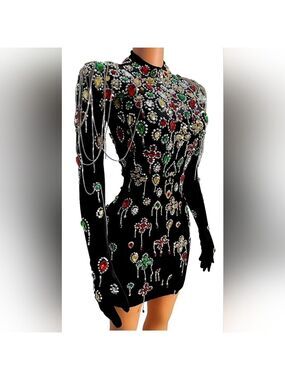 UNBRANDED EXOTIC BLACK VELVET VIBRANT RHINESTONES BODYCON MINI DRESS SIZE XS/S